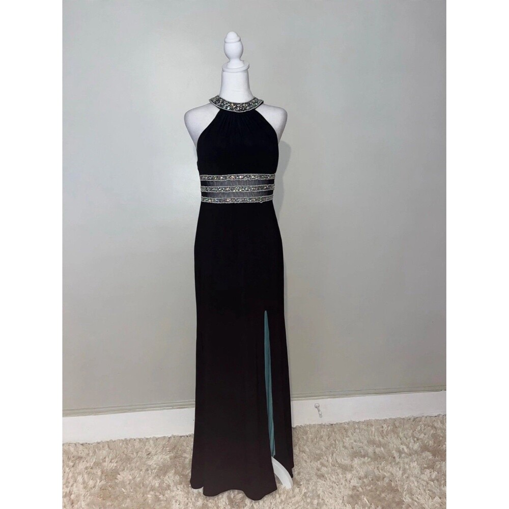 Blondie Nites Dress 7 Black Halter Rhinestone Maxi Prom Gown Slit Formal
